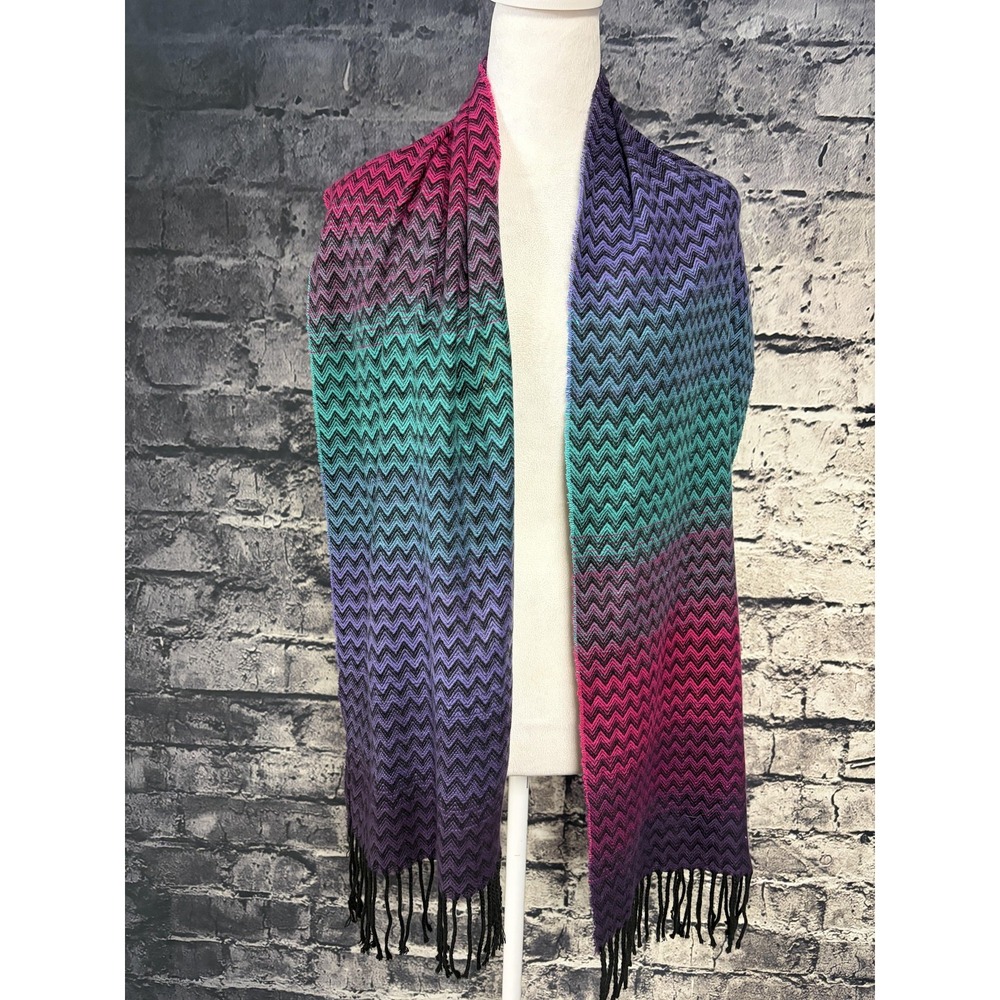 100% Cashmere Scarf Womens One Size Multicolor Chevron Ombre Fringe Scotland